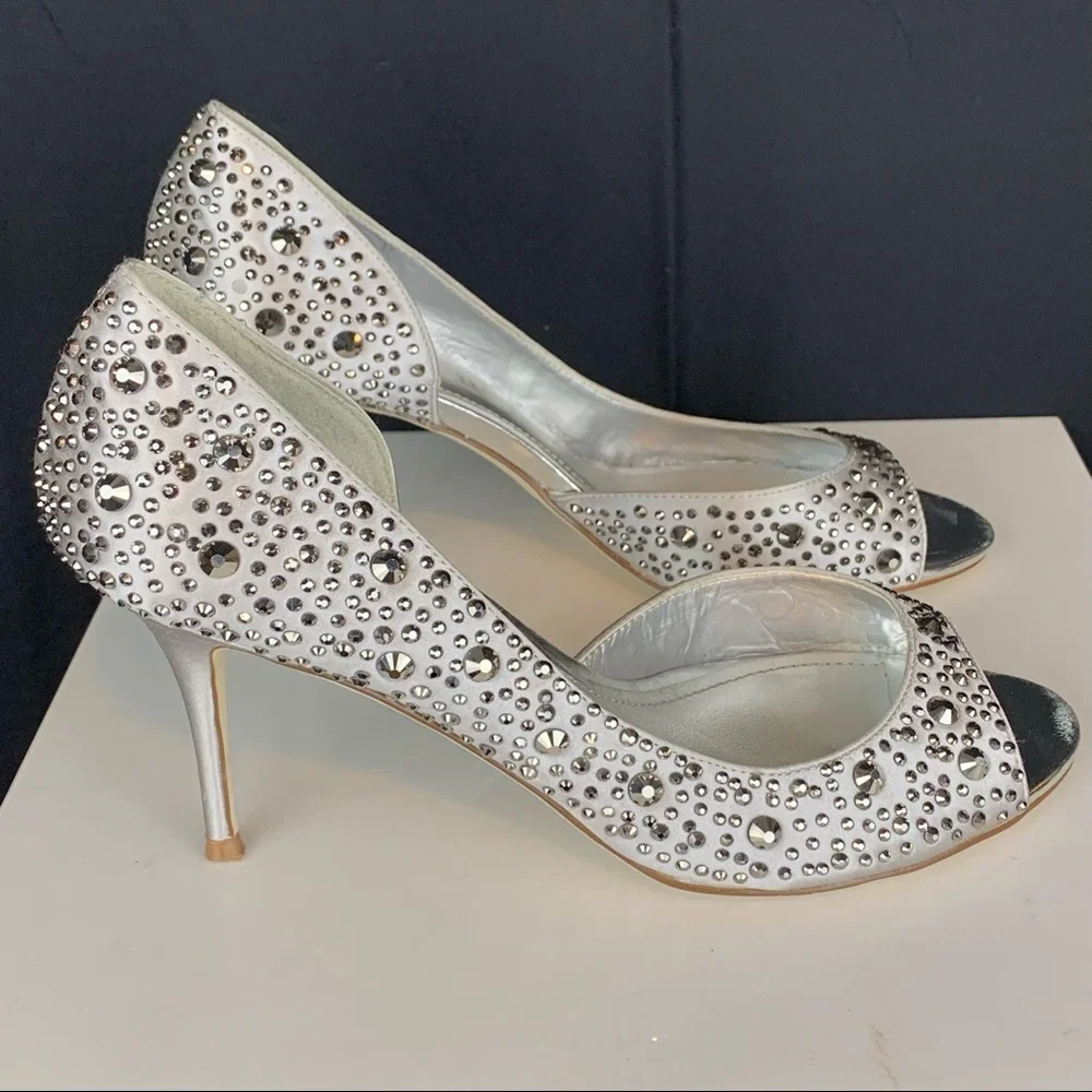 ALDO silver studded peep toe wedding formal heels, size 8.5 - Picture 1 of 8